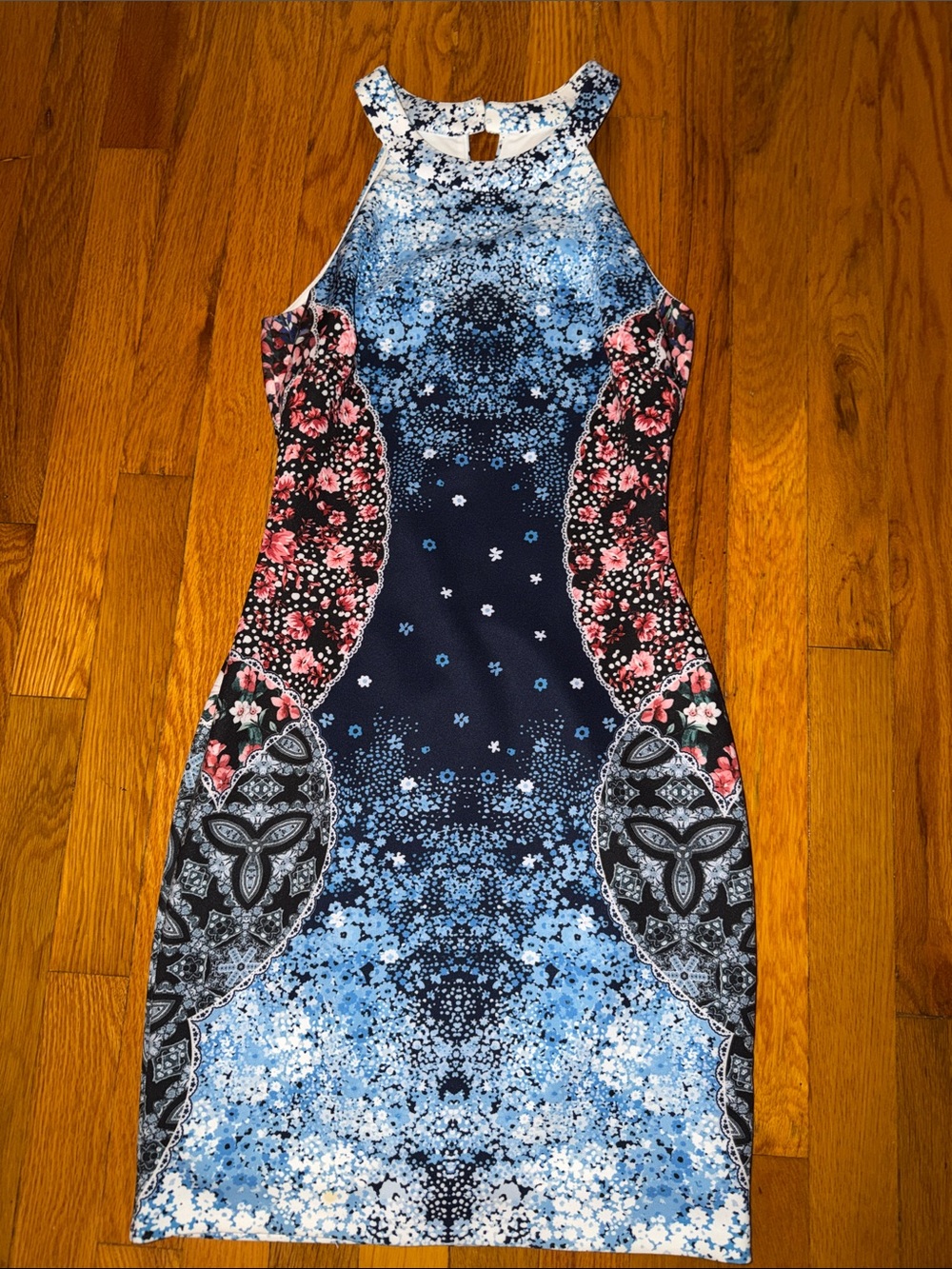 Guess Navy Midi Dress with Pink Floral Side Panels